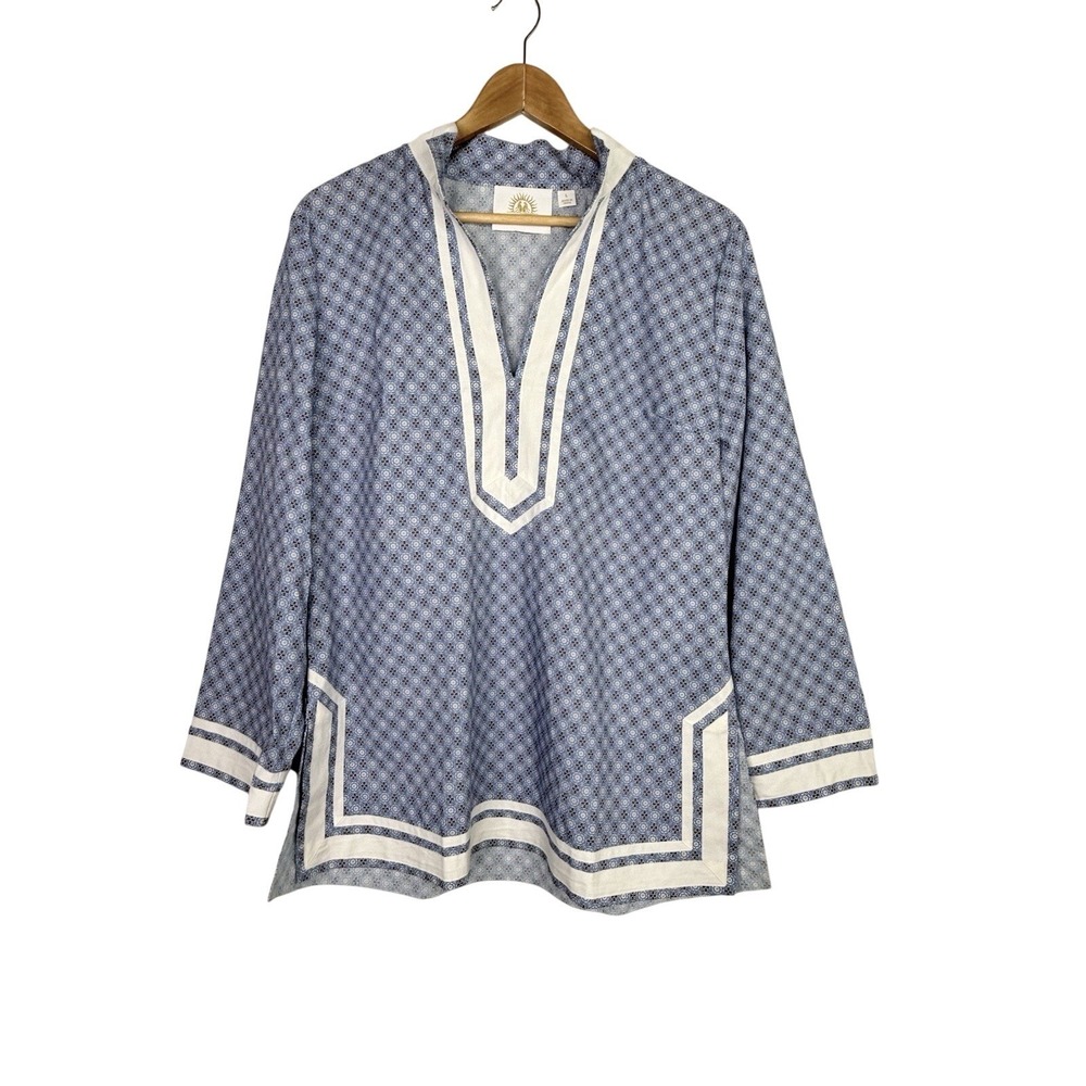 Nicoblu Capri Tunic Blue Medallion Decorated with Gross Grain Ribbon Size L